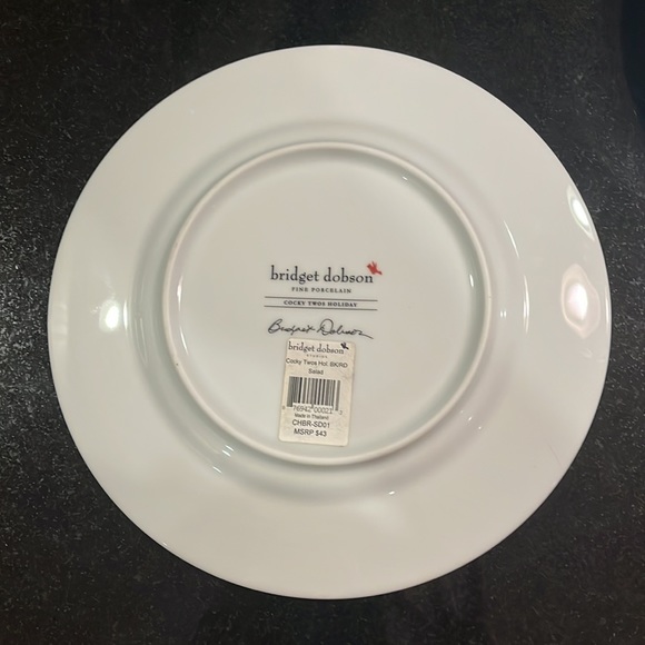 Bridget Dobson (4) Salad Plates "Cocky Twos Holiday" Pattern Fine Porcelain - Picture 5 of 7